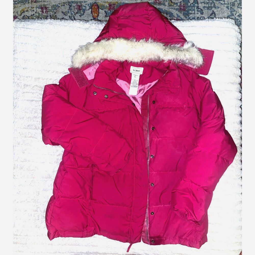 LL Bean Goose Down Removeable Hood Puffer Coat Women's Size Large Raspberry Pink